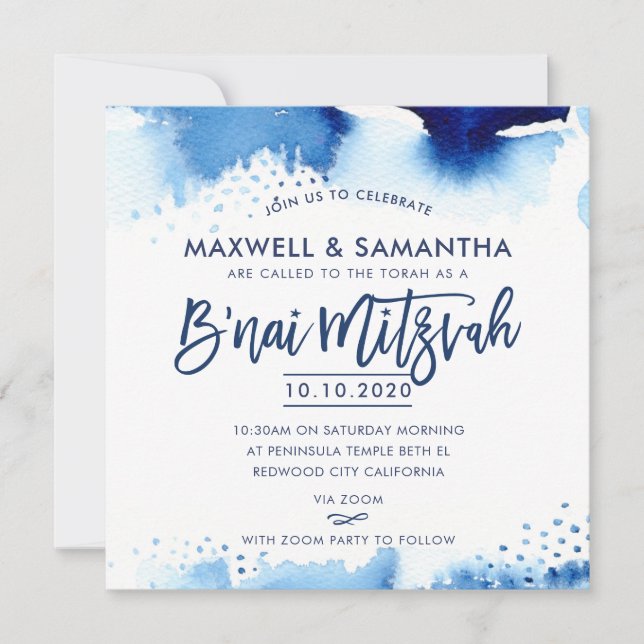 Convite B'NAI MITZVAH INVITE Cores-d'água azuis com letra  (Frente)