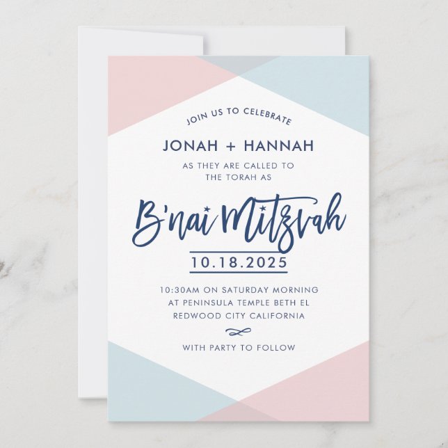 Convite B'NAI MITZVAH modern minimal script blue pink (Frente)