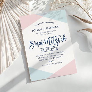 Convite B'NAI MITZVAH moderno roteiro minimalista azul ros