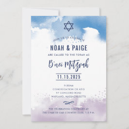 Convite B'NEI MITZVAH script blue & rople watercolor 2