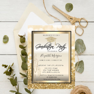 Convite Boa capa de formatura, Graduação Bokeh Dourado em