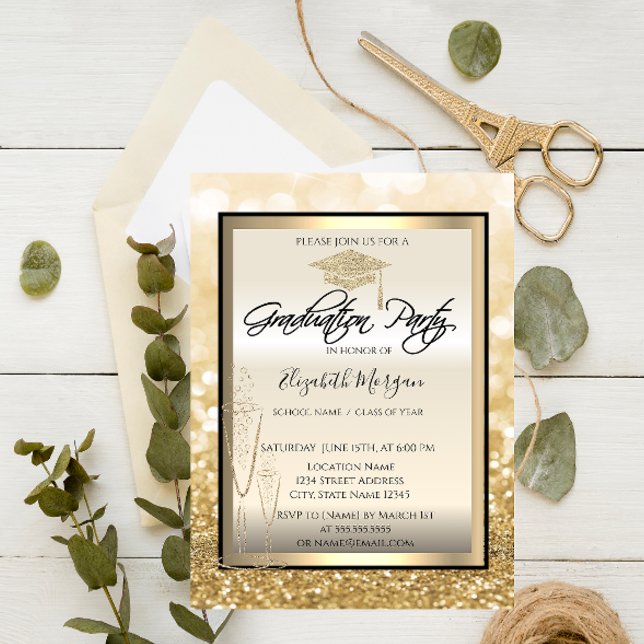 Convite Boa capa de formatura, Graduação Bokeh Dourado em  (Criador carregado)