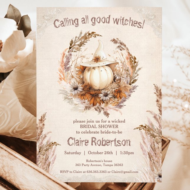 Convite Boa Festa de Chá de panela de Bruxas de Abóbora (Good Witch Pumpkin Halloween Boho Bridal Shower Invitation)