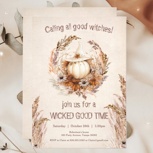 Convite Boa Festa Noturna de Bruxas de Pumpkin Halloween (Good Witch Pumpkin Halloween Boho Girls Out Night or Birthday Invitation)
