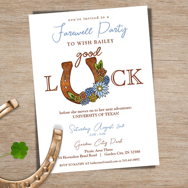 Convite Boa Sorte Festa Floral de Farewell (Horseshoe Good Luck Going Away Party Invitation)