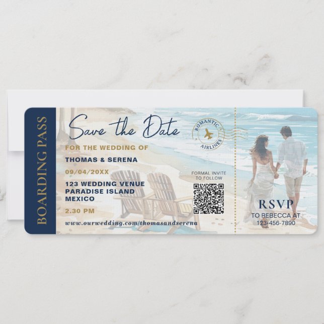 Convite Boarding Pass Beach Save The Date QR Code Wedding (Frente)