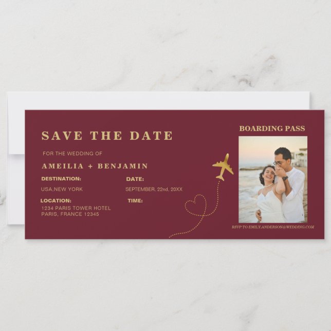 Convite Boarding Pass Save the Date | Destination Wedding  (Frente)
