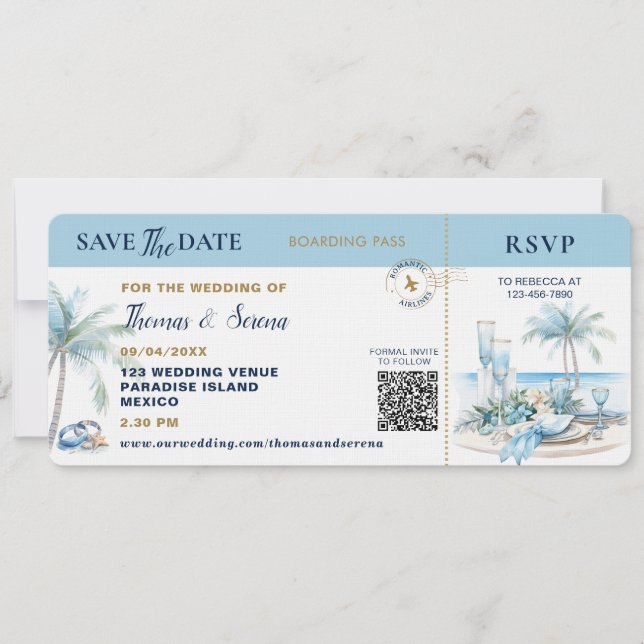 Convite Boarding Pass Tropical Destination QR Code Wedding (Frente)