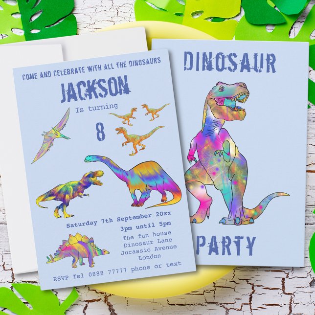 Convite Boas 8º Aniversário Dinossauro T Rex Roar Party Bl (Colorful dinosaur 8th birthday party invitation with T-Rex velociraptor stegosaurus brontosaurus )