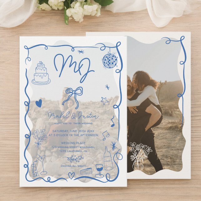 Convite Boas iniciais azuis, desenhadas à mão, fotos ilust (Blue initials handdrawn illustrated photos wedding invitation)