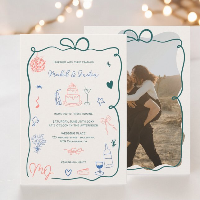 Convite Boas iniciais retrorreflectoras fita ilustrada cas (Retro initials ribbon illustrated photo wedding invitation)