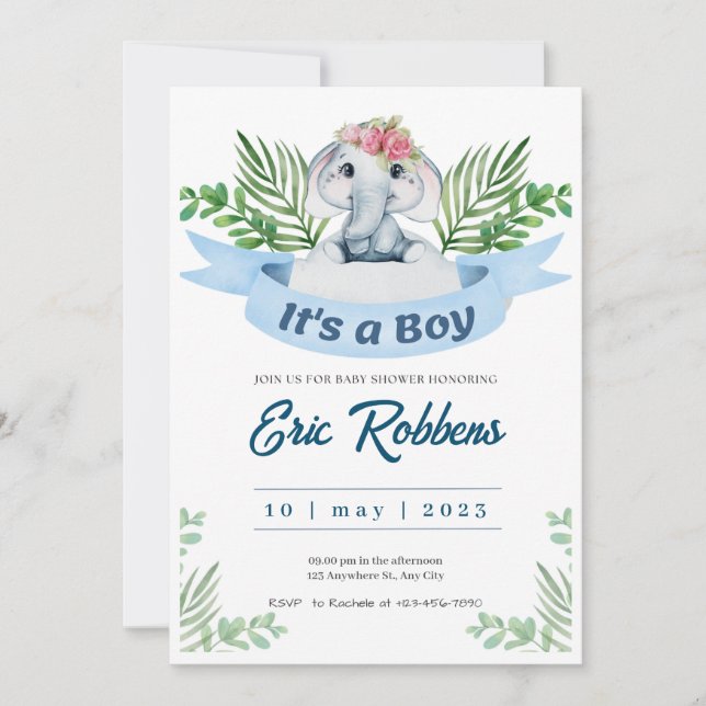 Convite Boas-Vindas Elefante Chá Baby Boy (Frente)