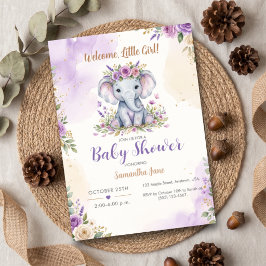Convite Boas-vindas Menina Pequena Elefante Floral Roxa
