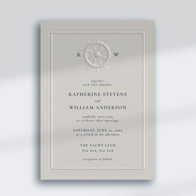 Convite Boat Helm Faux Casamento Chic de Quadro Clássico E (nautical beach yacht coastal ocean wedding invitation faux embossed boat helm pearl classic frame)