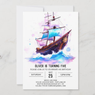 Convite Boat Watercolor — Brincadeira Pirata Aniversário