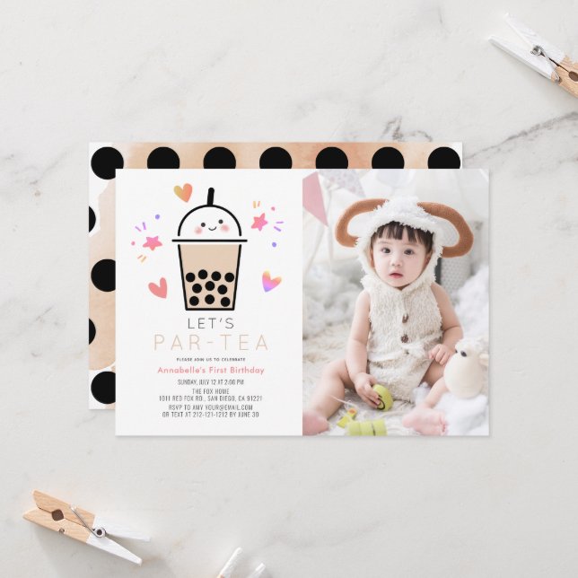 Convite Boba Bubble Tea Party Par-tea Photo 1st Birthday (Frente/Verso In Situ)