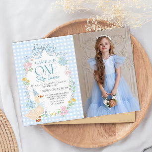 Convite Bobo Azul Ganso Floral Gingham Primeiro Aniversári