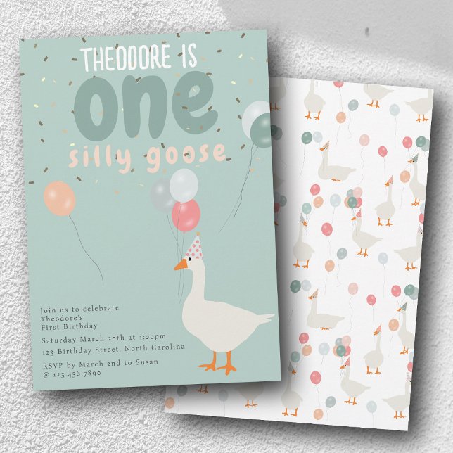 Convite Bobo de Festa primeiro aniversario de Ganso de Men (Boy's One Silly Goose 1st Birthday Party Blue Invitation)