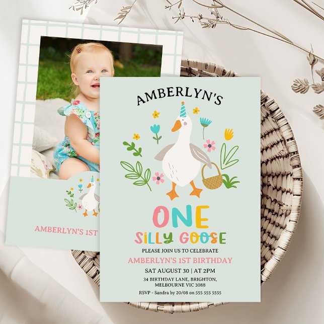 Convite Bobo de Ganso de Foto de Sage Moderno Um primeiro  (One Silly Goose Birthday Invitation Template, Girls First Birthday Invitation with Photo, Goose)