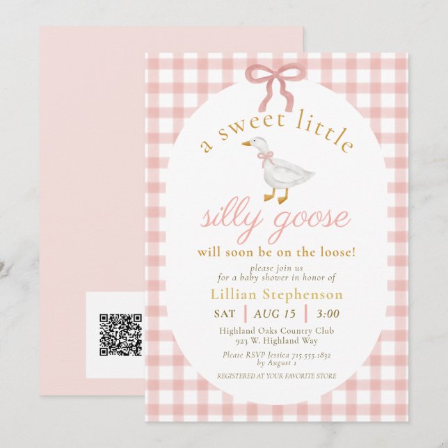 Convite Bobo Ganso Rosa Xadrez Baby Shower Código QR (Frente/Verso)