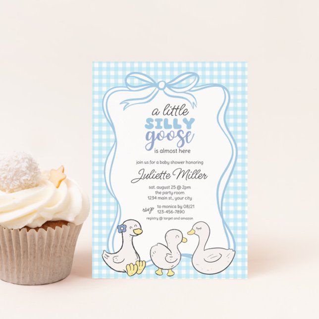 Convite Bobo Gingham Boys Gingham (Silly Goose Gingham Boys Baby Shower Invite)