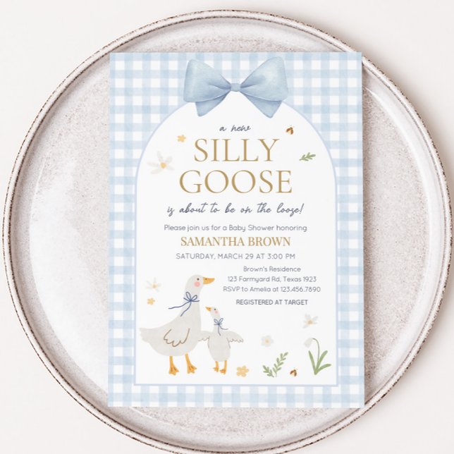 Convite Bobo Gingham  Chá de fraldas Ganso (Silly Goose Gingham Baby Shower Invitation)