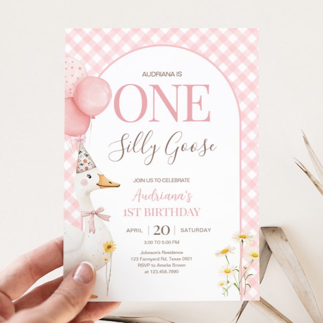Convite Bobo Gingham Festa de aniversário Ganso (Pink Gingham Silly Goose Birthday Party Invitation)