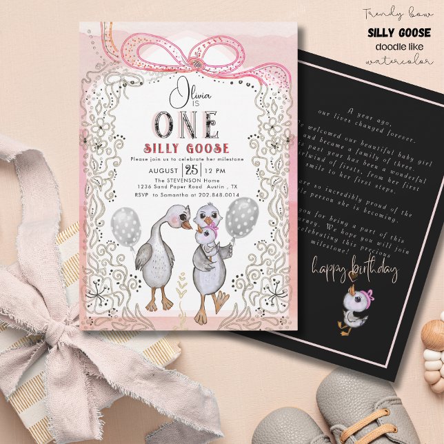 Convite Bobo Goose Família Rosa e primeiro aniversario Arc (Silly Goose Family Pink & Bow 1st Birthday Invitation)
