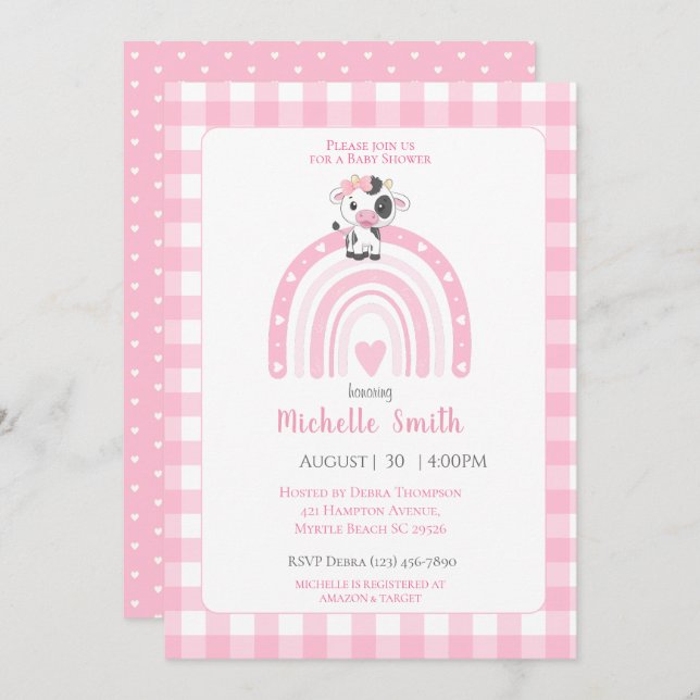 Convite Boca-branca Arco-Íris Corações Rosa Gingham Girls (Frente/Verso)