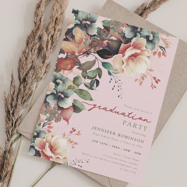 Convite Boca de Graduação Floral do Jardim Boho de Verão (Boho Summer Garden Floral Graduation Blush Invitation)