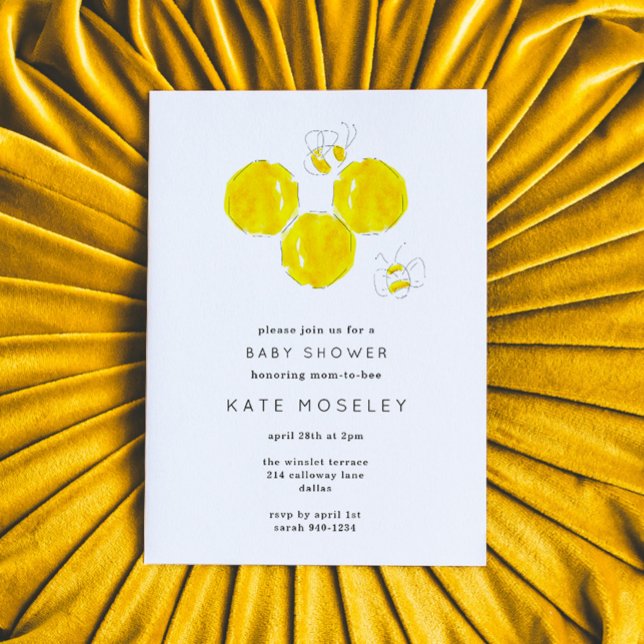 Convite Boca-zumbidaChá de fraldas de Honeycomb de Aquarel (Yellow watercolor buzzing bees Baby Shower invitation.)