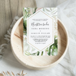 Convite Boda Boda, Dourada geométrica, Nuestra Verde Tropi