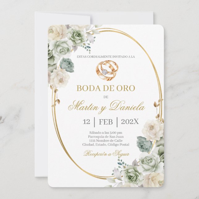 Convite Boda de oro con boho blanco (Frente)