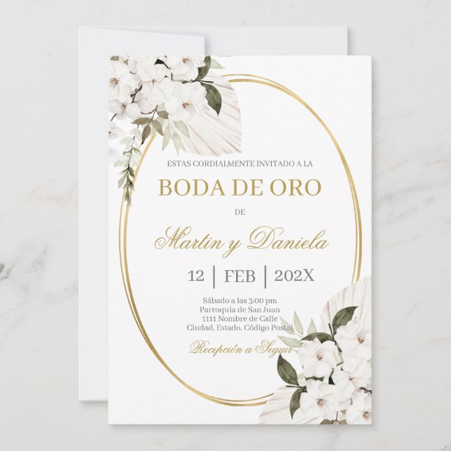 Convite Boda de oro con boho blanco (Frente)