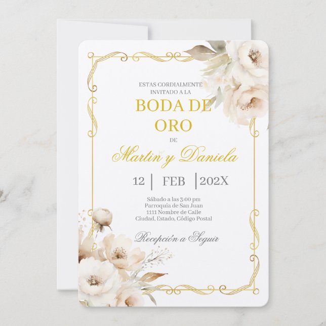 Convite Boda de oro con flor blanca (Frente)