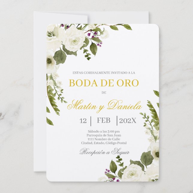 Convite Boda de Oro con Ramo de flor blanca (Frente)