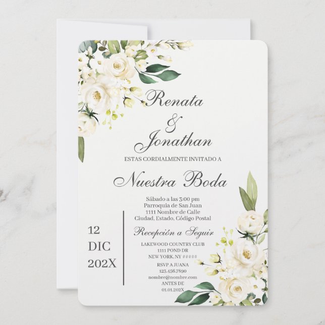 Convite Boda en español, rosa branca (Frente)