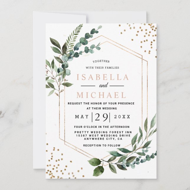 Convite Boda Eucalipto Geométrico Rústico y (Frente)