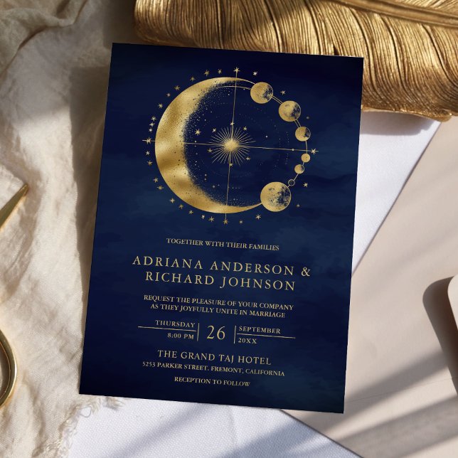 Convite Bodas das Fases da Lua Crescente Dourada Azul Cele (Criador carregado)