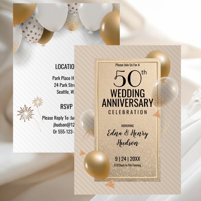 Convite Bodas de Ouro de 50 Anos de Casamento (Golden 50th Wedding Anniversary Invitation with Gold and White)
