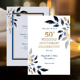 Convite Bodas de Ouro de 50 Anos de Casamento Dourado e Az