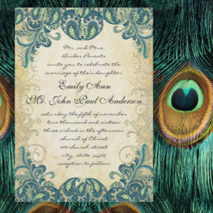 Convite Bodas de Pavão de Paisley Azul Dourado Verde Sem P