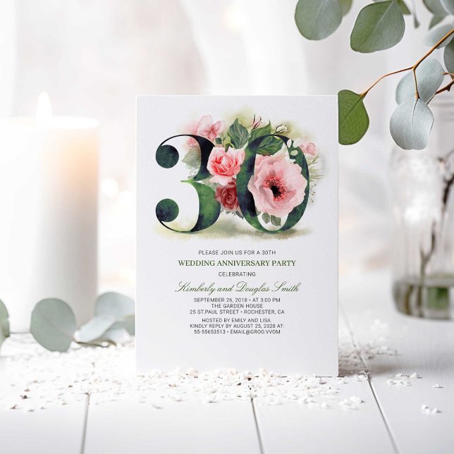 Convite Bodas de Porcelana Flores Rosa 30º Aniversário de  (30th Wedding Anniversary Invitations)