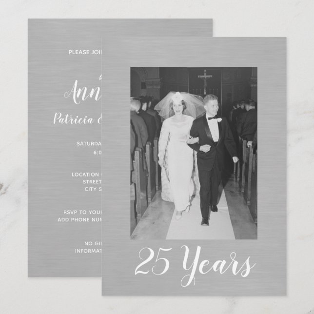 Convite Bodas de Prata de 25 Anos com Foto em Prata Polida (Frente/Verso)