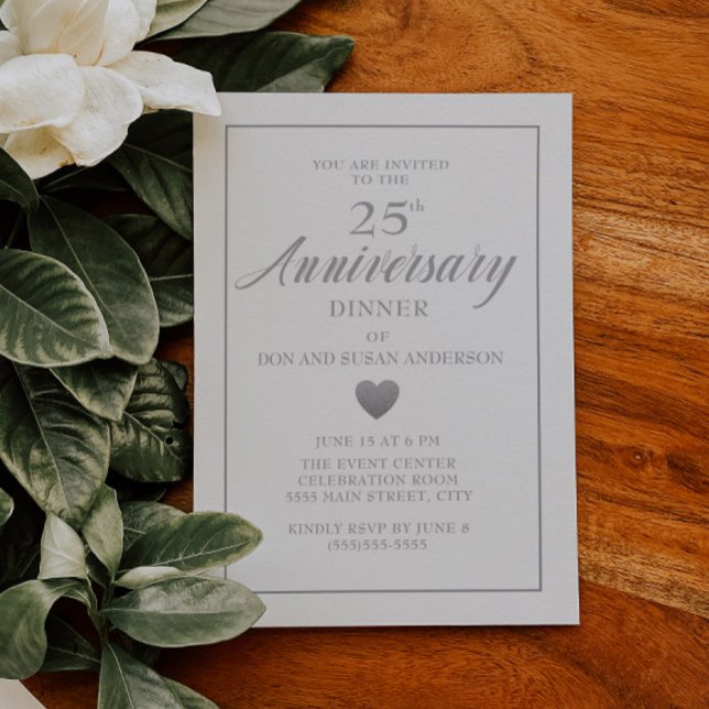 Convite Bodas de Prata de 25 Anos de Casamento Coração de  (Elegant white 25th wedding anniversary dinner invitation with a silver heart)