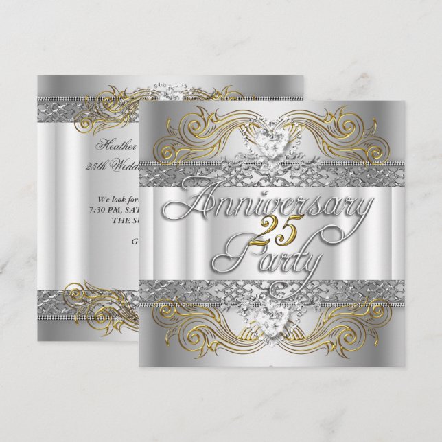 Convite Bodas de Prata de 25 Anos de Casamento Ouro Branco (Frente/Verso)