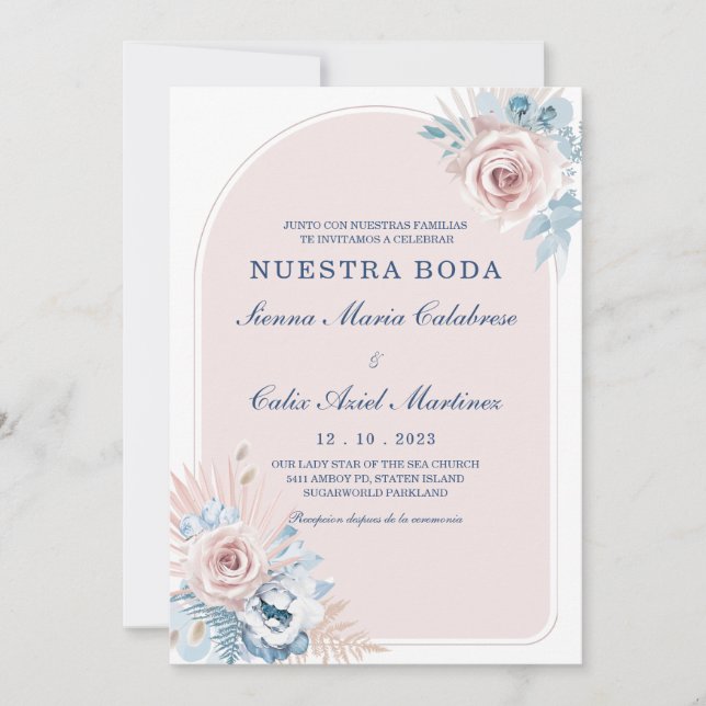 Convite Bodas en azul empolvado y rosa rubor (Frente)