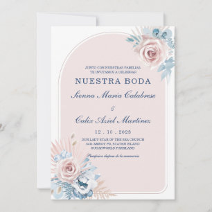 Convite Bodas en azul empolvado y rosa rubor