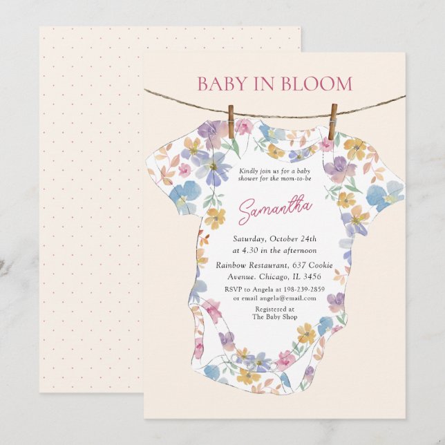 Convite Body de Bebê Caprichoso em Flor Pastel (Frente/Verso)