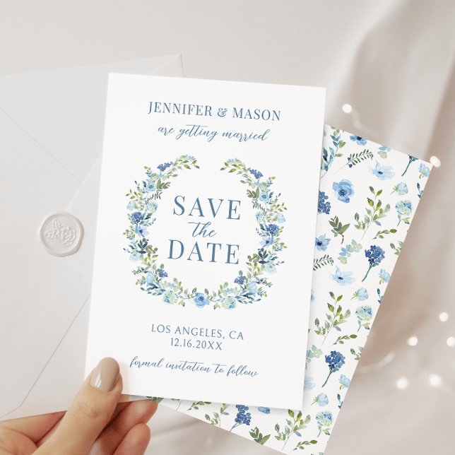 Convite Boêmia floral azul Salve a data (Criador carregado)